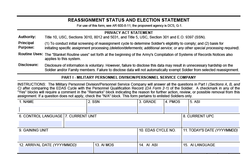 DA FORM 5118 - Reassignment Status And Election Statement