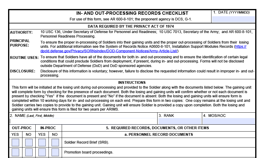 DA FORM 5123 - In- And Out- Processing Records Checklist