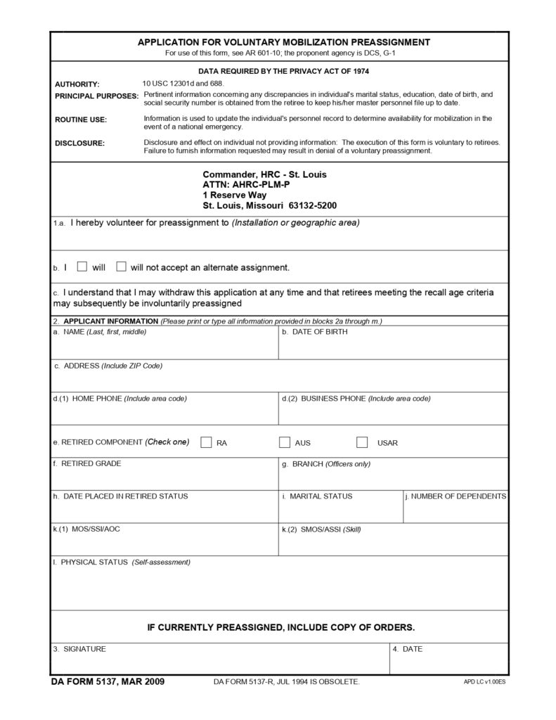 DA FORM 5137 - Application For Voluntary Mobilization Preassignment_page-0001