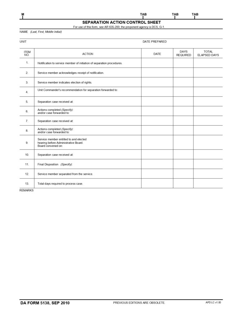 DA FORM 5138 - Separation Action Control Sheet_page-0001