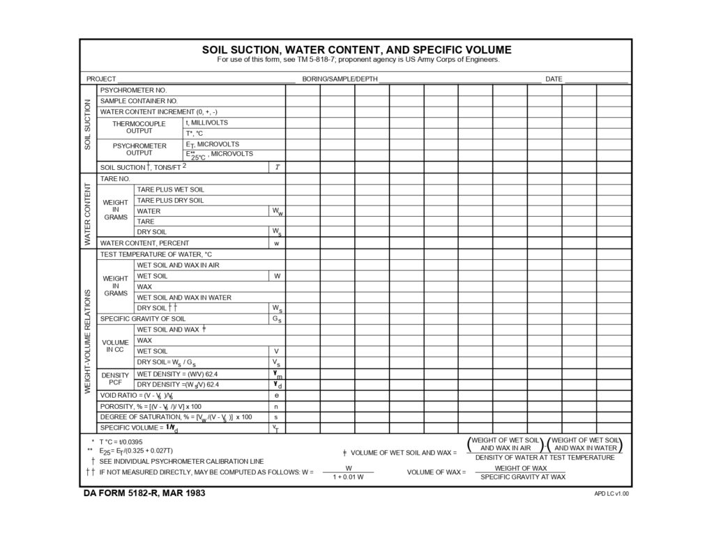 DA FORM 5182-R - Soil Suction, Water Content And Specific Volume (LRA)_page-0001