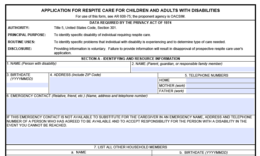 DA FORM 5189 - Application For Respite Care For Children And Adults With Disabilities