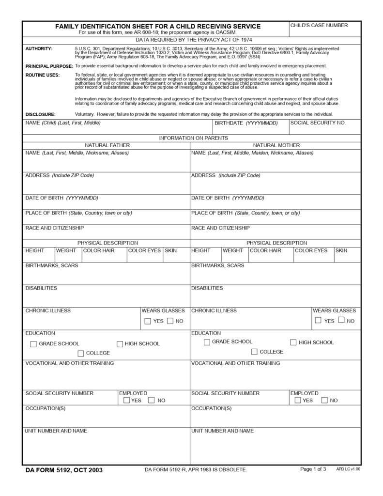 DA FORM 5192 - Family Identification Sheet For A Child Receiving Service_page-0001