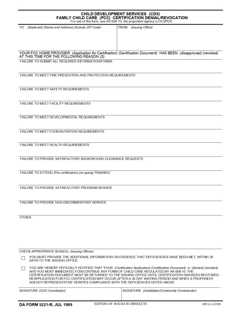 DA FORM 5221-R - Child Development Services (CDS) Family Child Care (FCC) Certification, Denial-Revocation (LRA)_page-0001