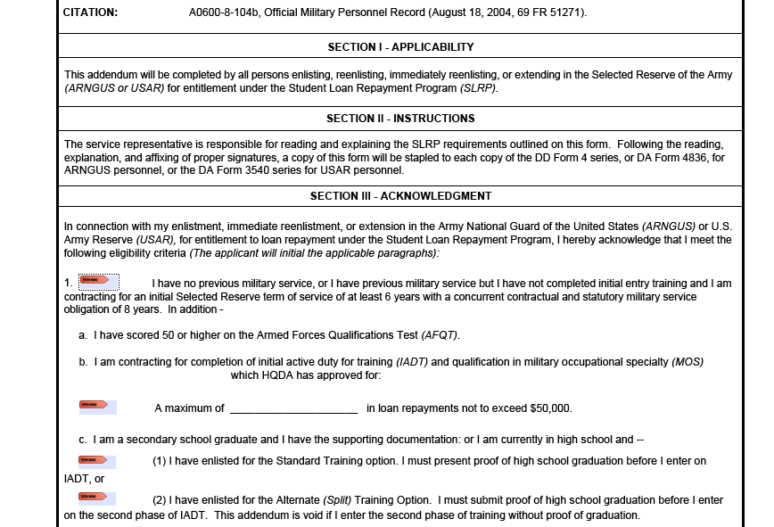 DA FORM 5261-4 - Student Loan Repayment Program Addendum