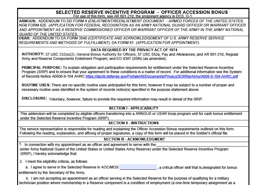 DA FORM 5261-6 - Selected Reserve Incentive Program - Officer Accession Bonus