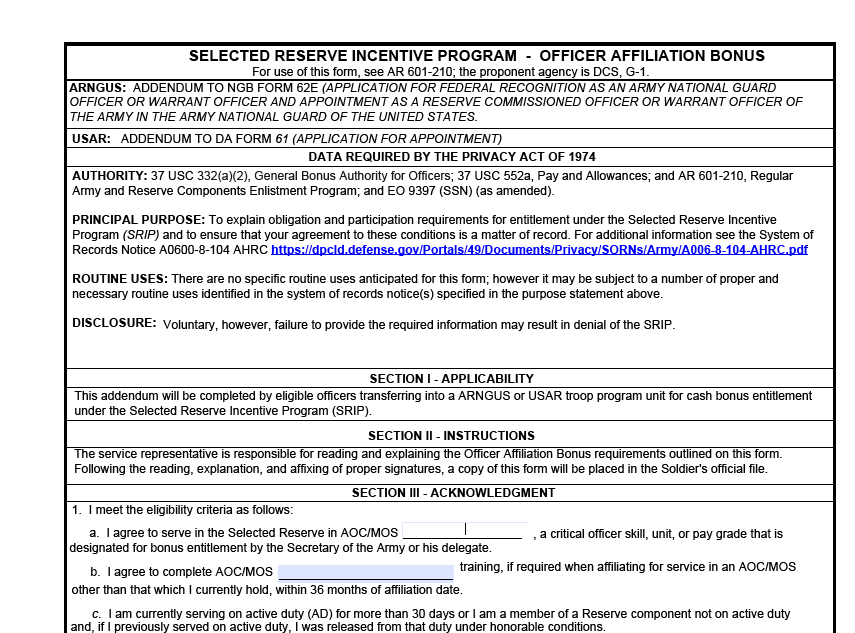 DA FORM 5261-7 - Selected Reserve Incentive Program - Officer Affliation Bonus