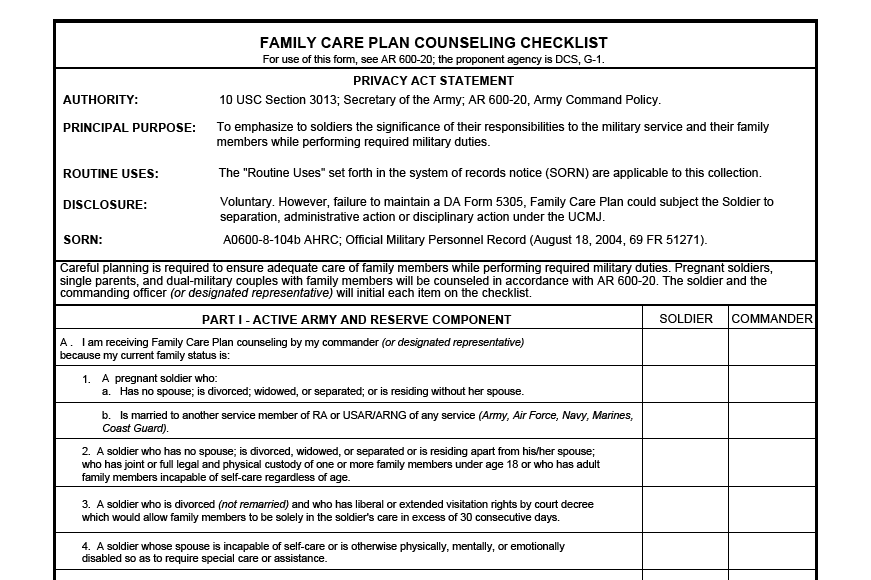 DA FORM 5304 - Family Care Plan Counseling Checklist