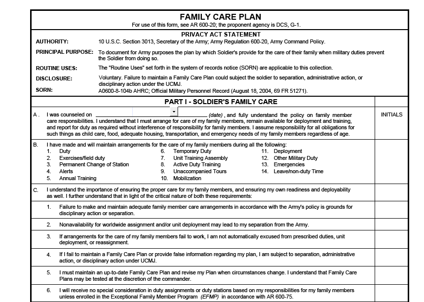 DA FORM 5305 - Family Care Plan