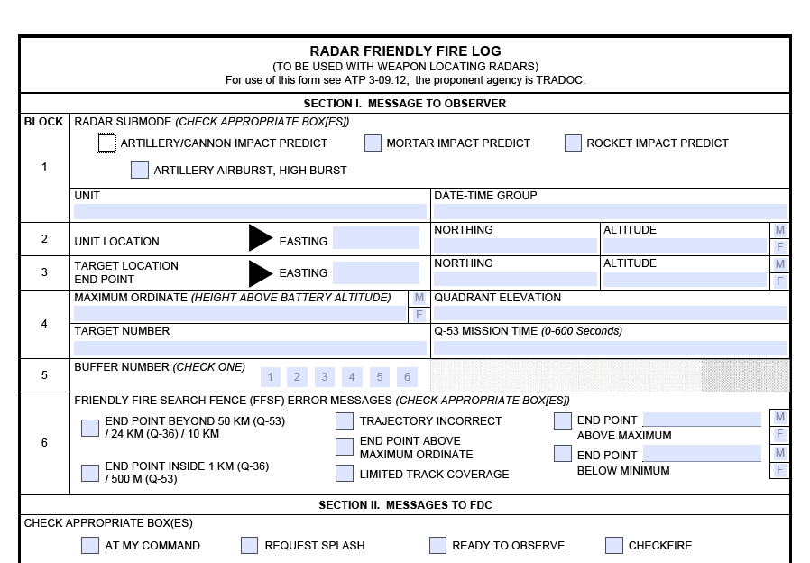 DA FORM 5310 - Radar Friendly Fire Log