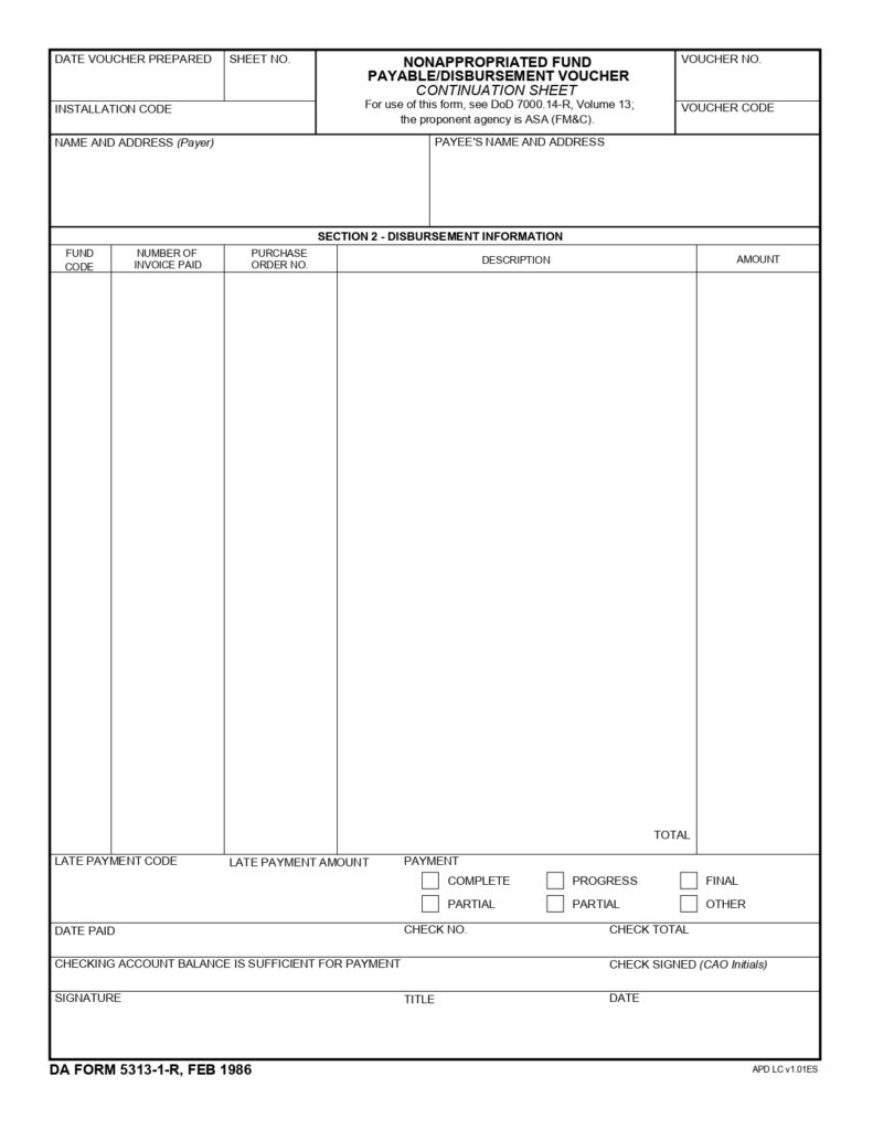 DA FORM 5313-1-R - Nonappropriated Fund Payable-Disbursement Voucher Continuation Sheet (LRA)_page-0001