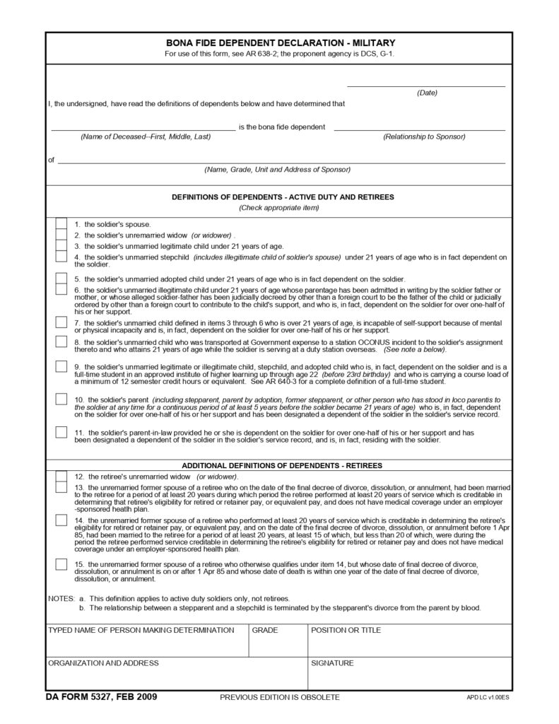 DA FORM 5327 - Bona Fide Dependent Declaration - Military_page-0001