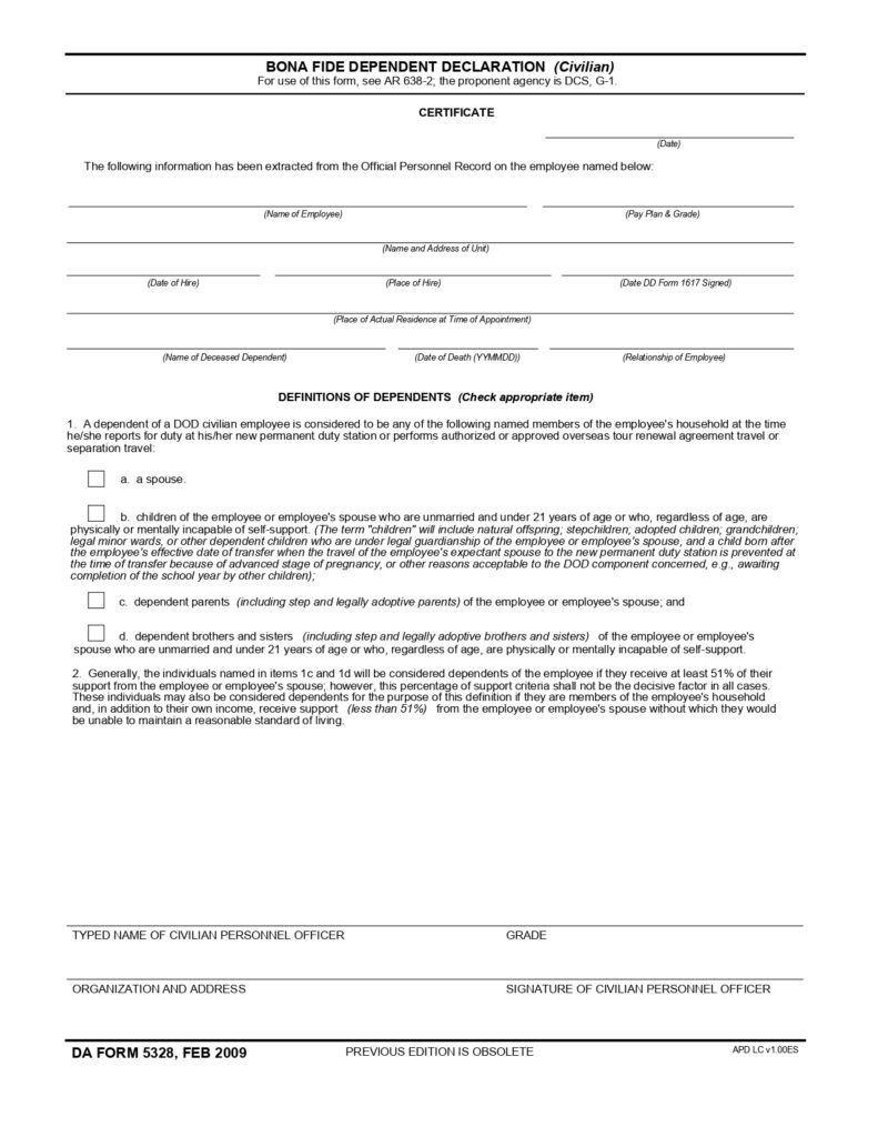 DA FORM 5328 - Bona Fide Dependent Declaration (CIVILIAN)_page-0001