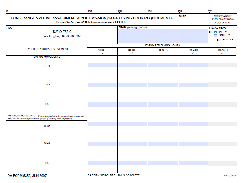 DA FORM 5359 - Long-Range Special Assignment Airlift Mission (SAAM) Flying Hours Requirements