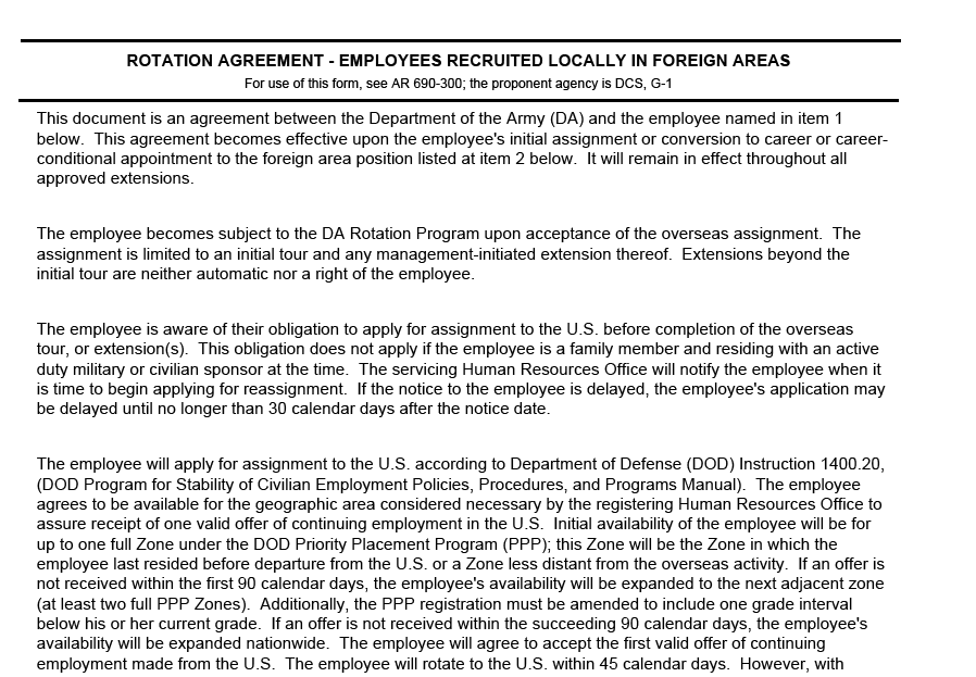 DA FORM 5370 - Rotation Agreement - Employees Recruited Locally In Foreign Areas