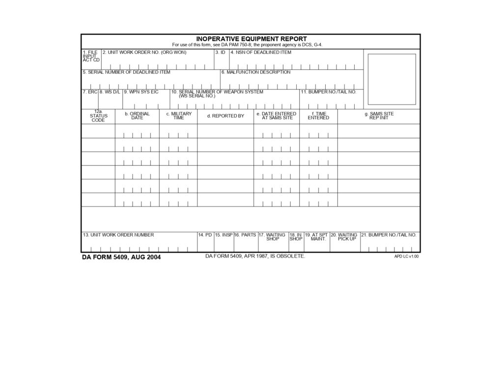 DA FORM 5409 - Inoperative Equipment Report_page-0001