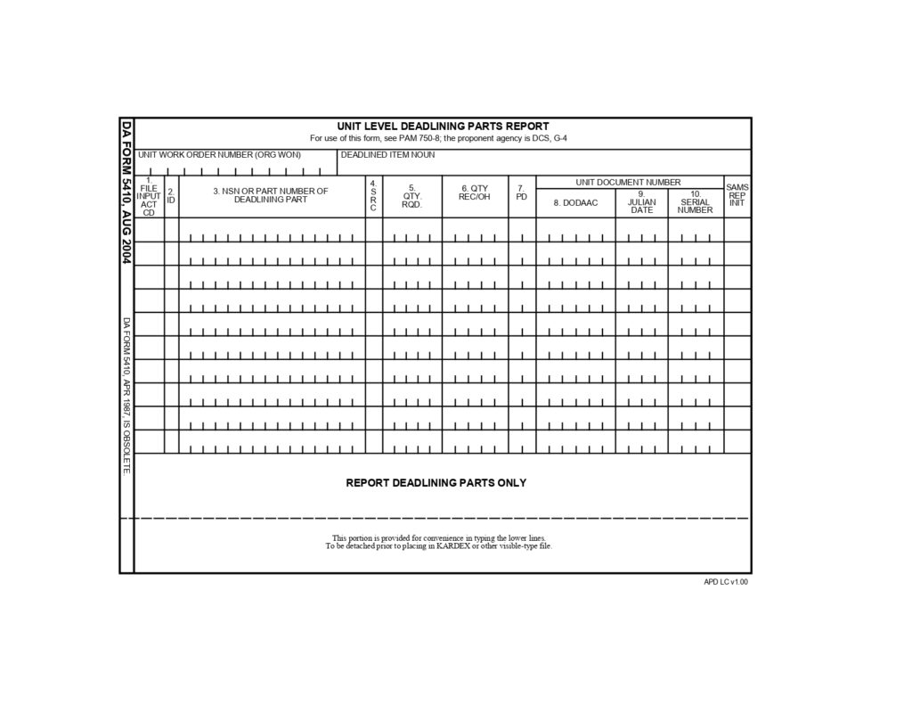 DA FORM 5410 - Unit Level Deadlining Parts Report_page-0001