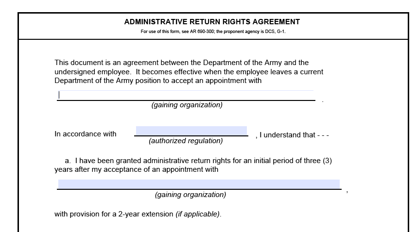 DA FORM 5414 - Administrative Return Rights Agreement