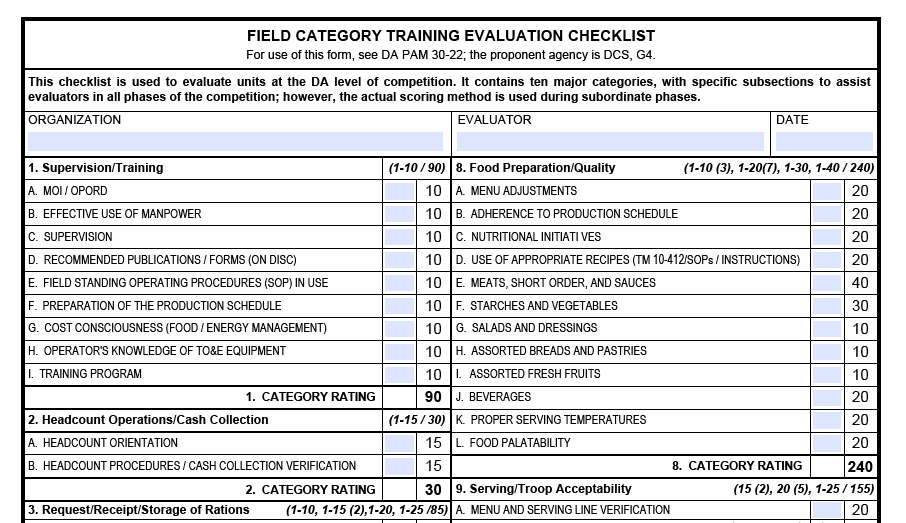 DA FORM 5416 - Field Category Training Evaluation Checklist