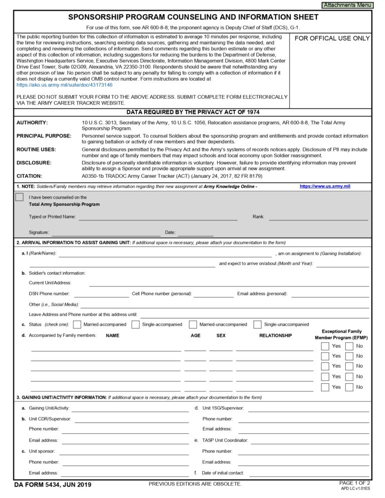 DA FORM 5434 Fillable - Army Pubs 5434 PDF | DA Forms 2024