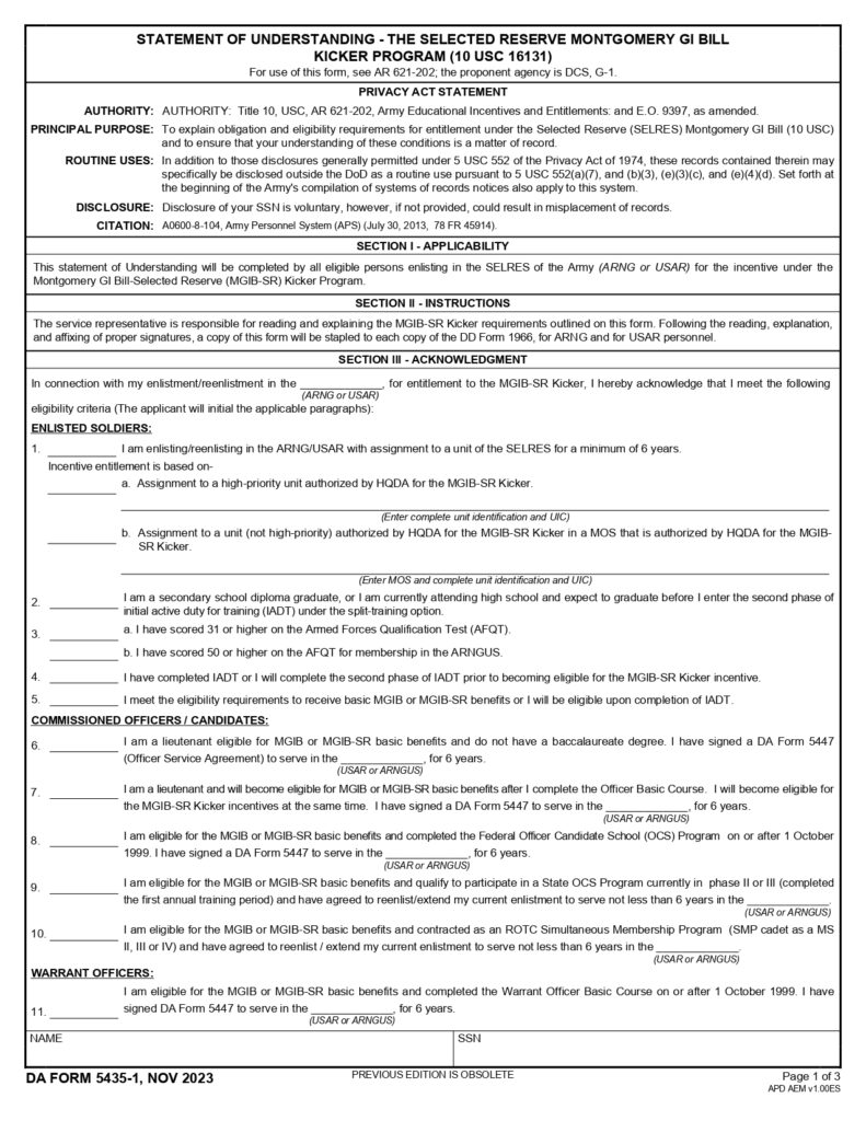 DA FORM 5435-1 - Statement Of Understanding - The Selected Reserve Montgomery GI Bill Kicker Program (10 USC 16131)_page-0001