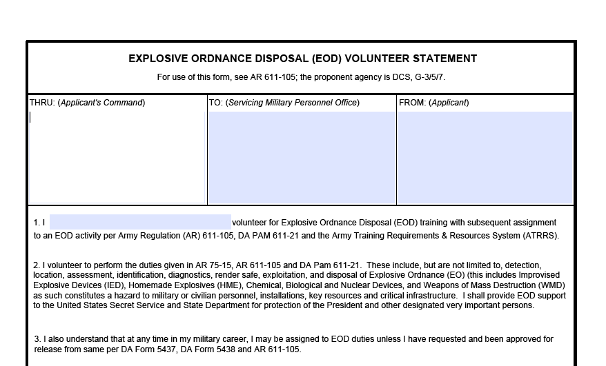 DA FORM 5436 - Explosive Ordnance Disposal (EOD) Volunteer Statement