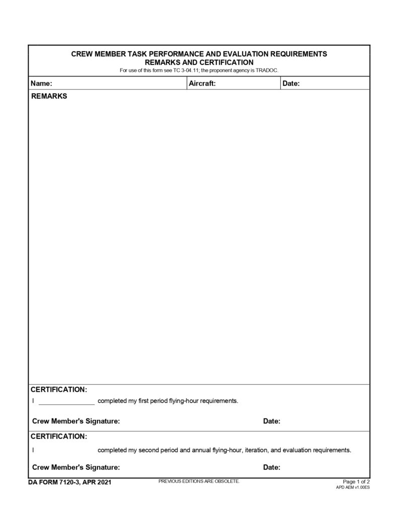 DA FORM 7120-3 - Crew Member Task Performance And Evaluation Requirements Remarks And Certification_page-0001