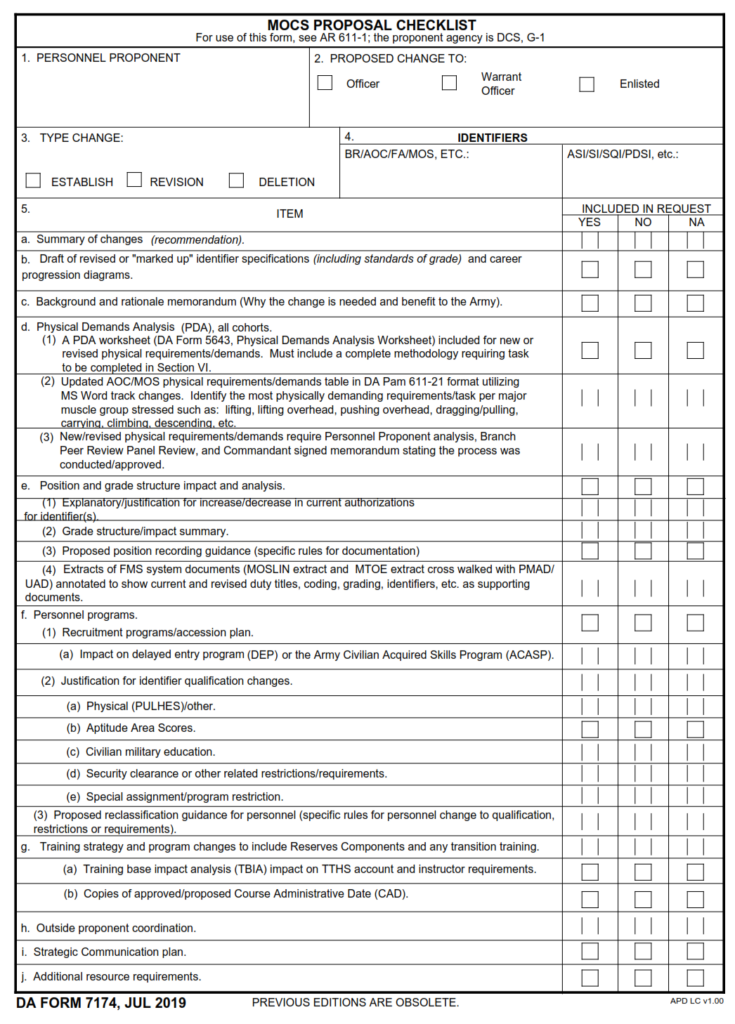 DA FORM 7174 - Mocs Proposal Checklist Page 1