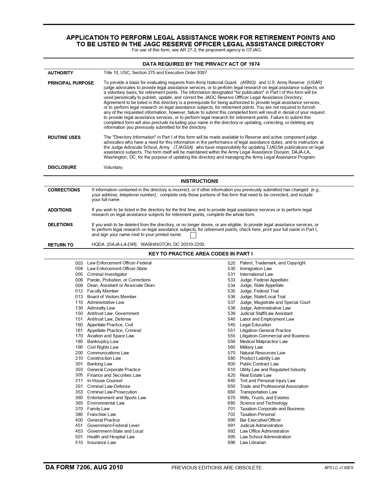 DA FORM 7206 - Application To Perform Legal Assistance Work For Retirement Points And To Be Listed In The Jagc Officer Legal Assistance Directory_page-0001