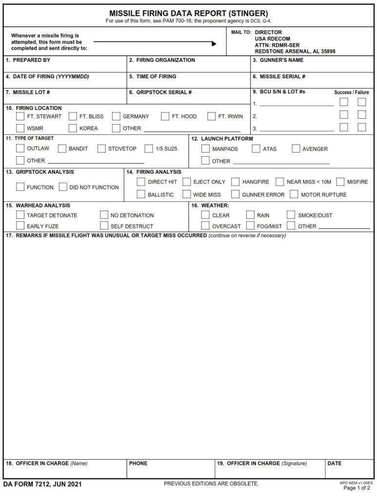 DA FORM 7212 - Missile Firing Data Report (Stinger)