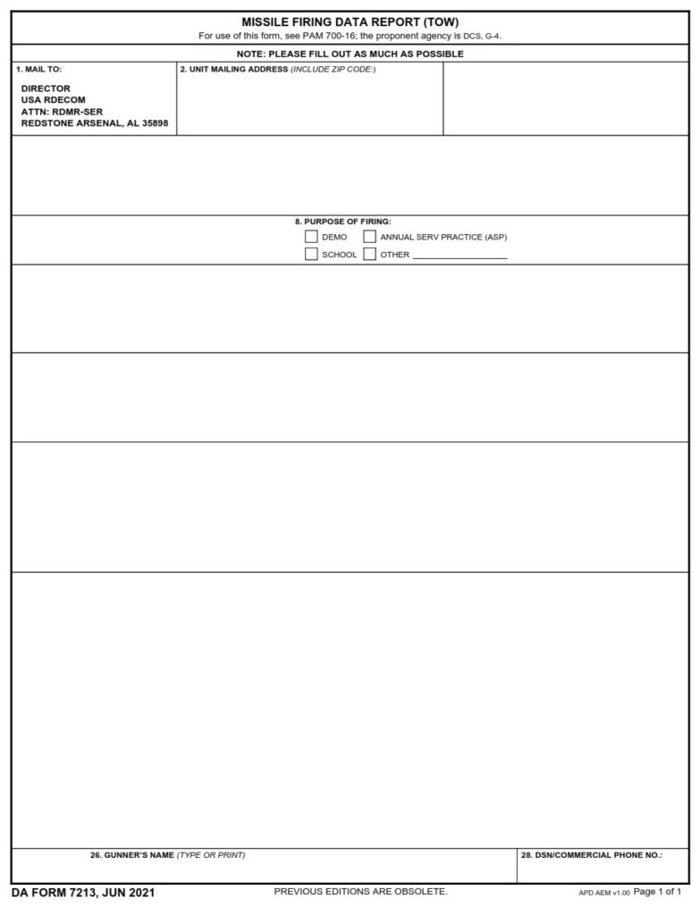 DA FORM 7213 - Missile Firing Data Report (TOW)