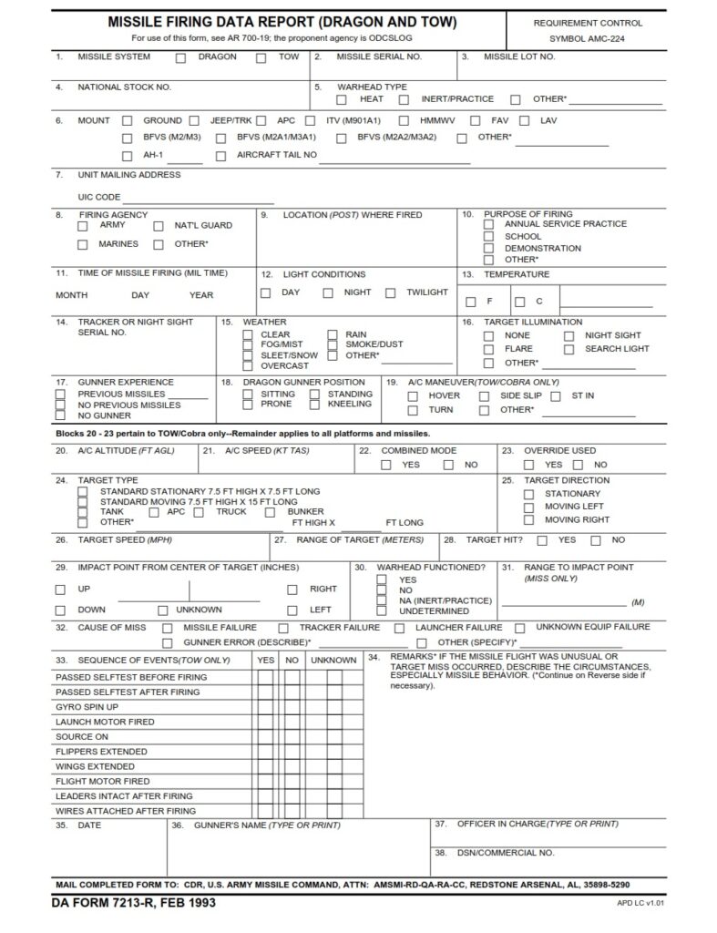 DA FORM 7213-R - Missile Firing Data Report (Dragon & TOW) (LRA)