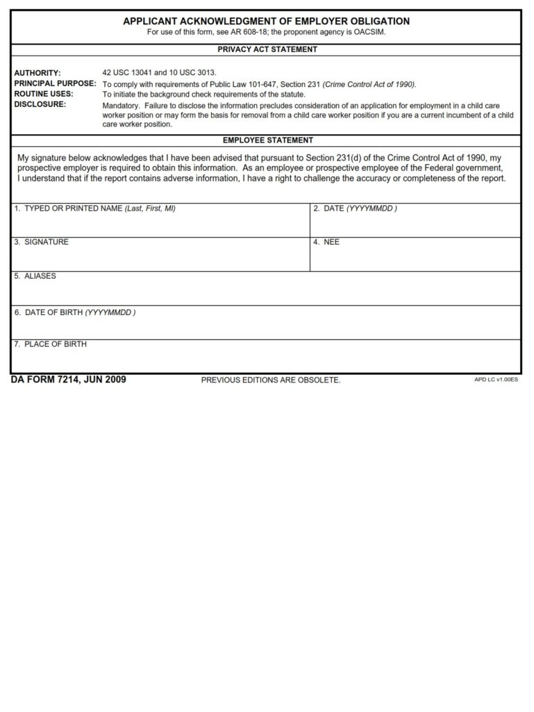 DA FORM 7214 - Applicant Acknowledgement Of Employer Obligation