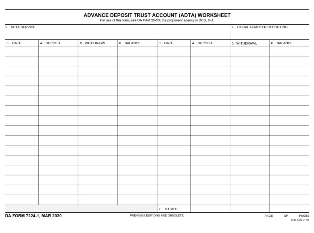 DA FORM 7224-1 - Advance Deposit Trust Account (ADTA) Worksheet