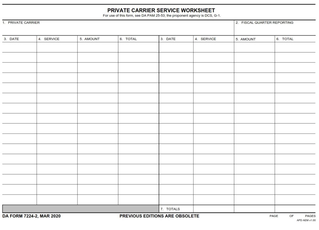 DA FORM 7224-2 - Private Carrier Service Worksheet