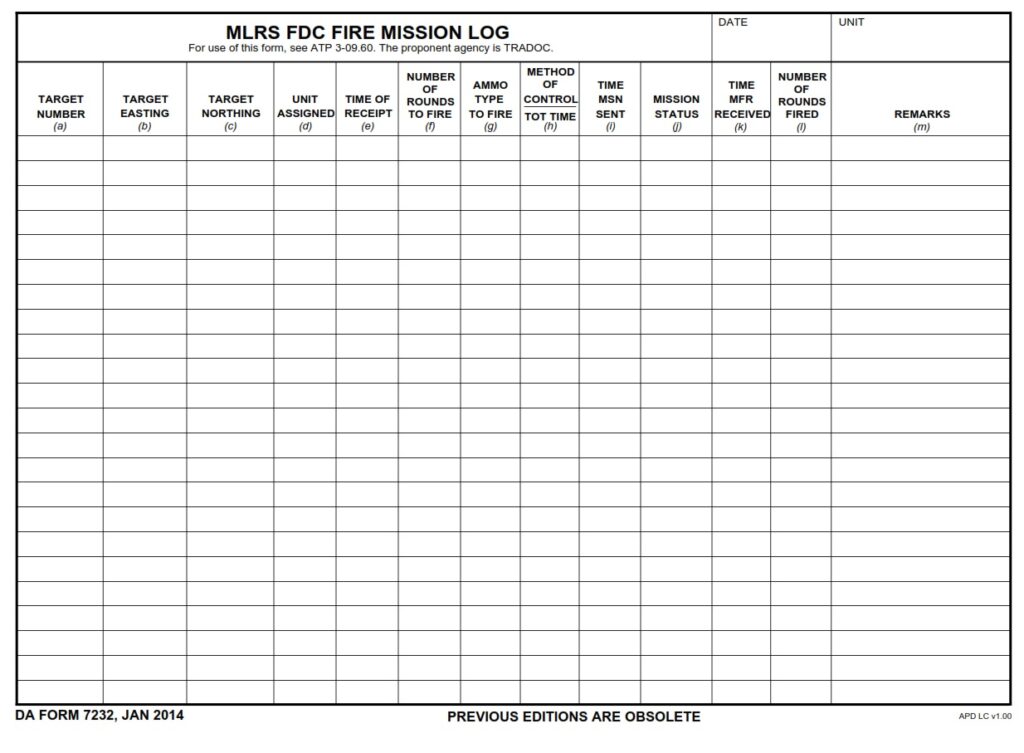 DA FORM 7232 - MLRS FDC Fire Mission Log - Page 1