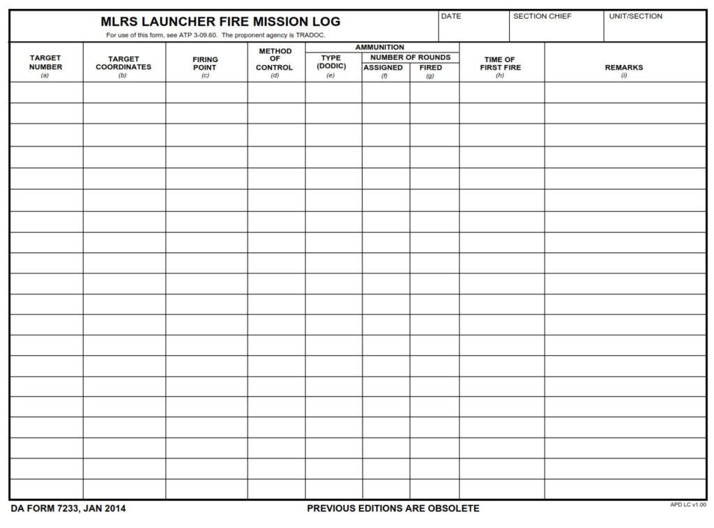 DA FORM 7233 - MLRS Launcher Fire Mission Log