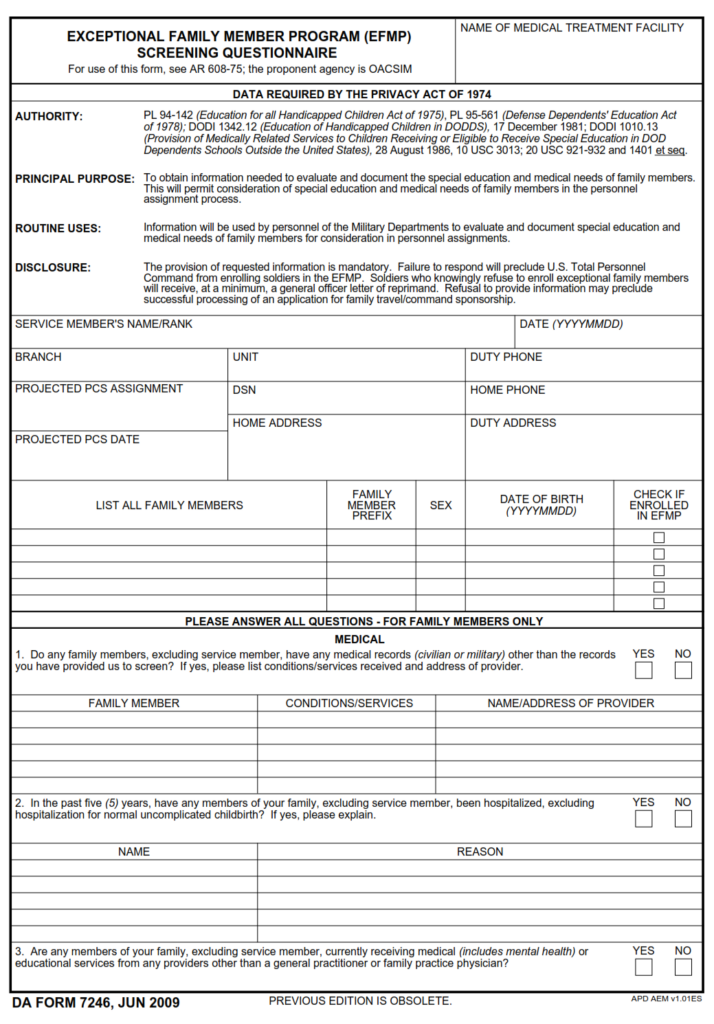 DA FORM 7246 - Exceptional Family Member Program (EFMP) Screening Questionnaire - Page 1