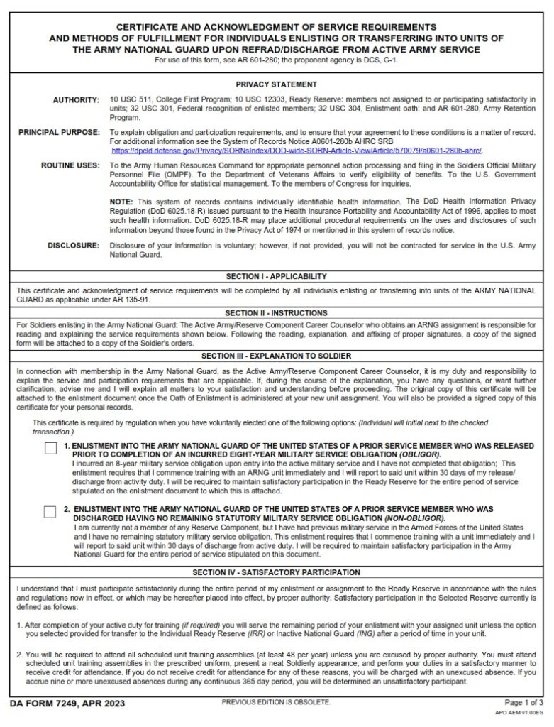 DA FORM 7249 - Page 1