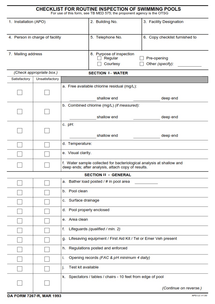 DA FORM 7267-R - Checklist For Routine Inspection Of Swimming Pools (LRA) - Page 1