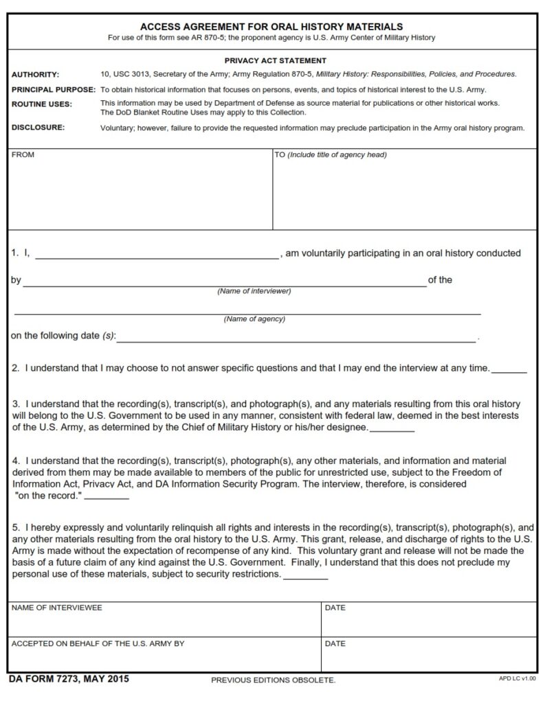 DA FORM 7273 - Access Agreement For Oral History Materials