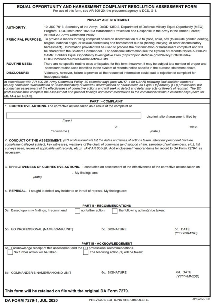 DA FORM 7279-1 - Equal Opportunity And Harassment Complaint Resolution Assessment Form