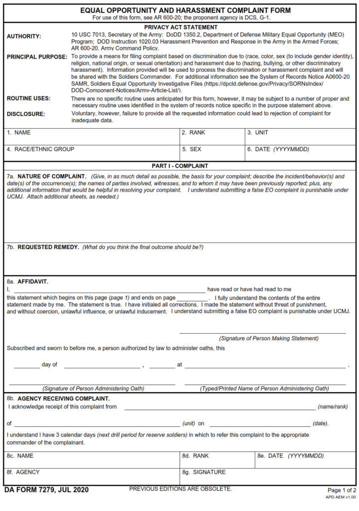 DA FORM 7279 - Equal Opportunity And Harassment Complaint Form - Page 1