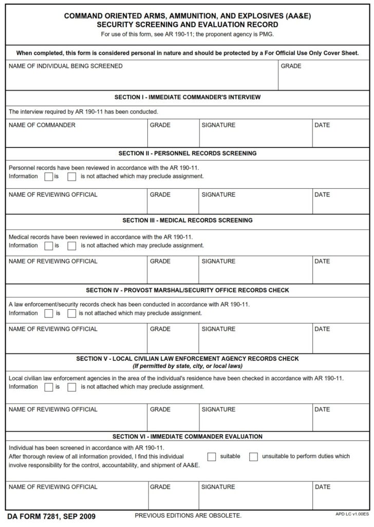 DA FORM 7281 - Command Oriented Arms, Ammunition, And Explosives (AA&E) Security Screening And Evaluation Record