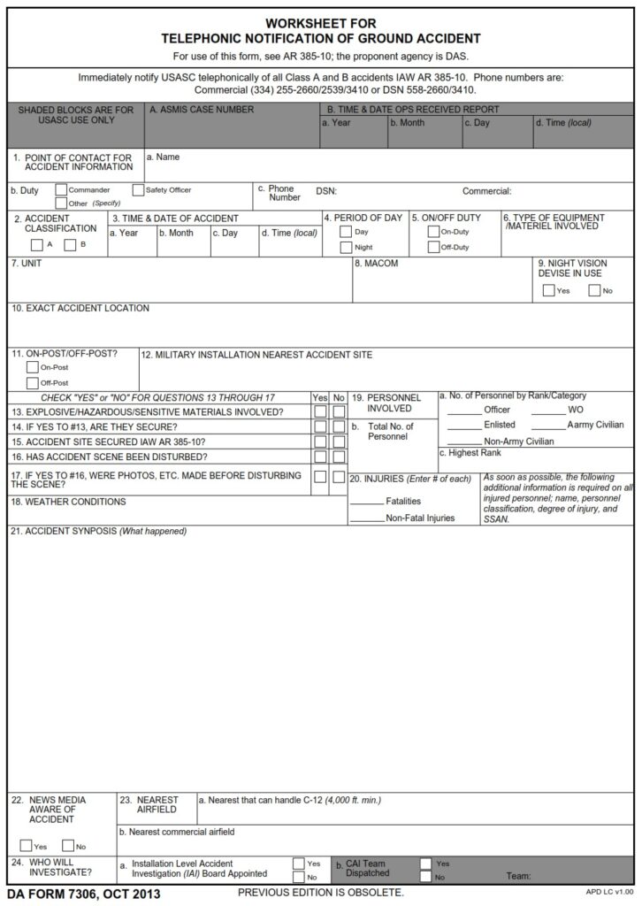 DA FORM 7306 - Worksheet For Telephonic Notification Of Ground Accident