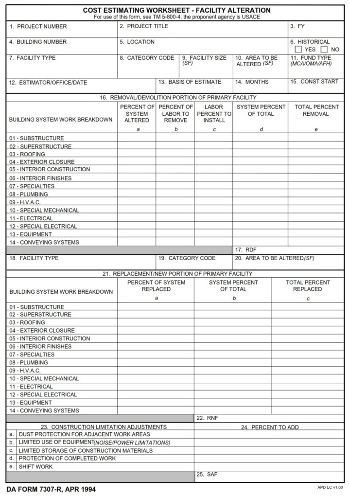 DA FORM 7307-R - Cost Estimating Worksheet-Facility Alteration (LRA)