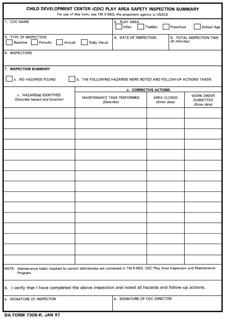 DA FORM 7308-R - Child Development Center Play Area Safety Inspection Summary (LRA)