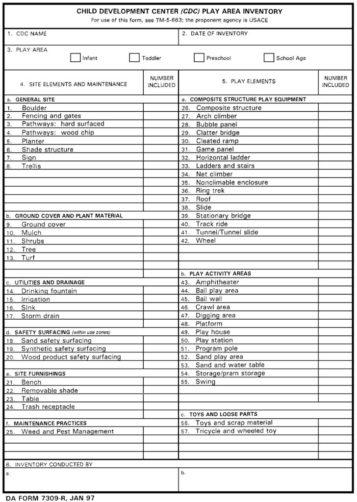 DA FORM 7309-R - Child Development Center (CDC) Play Area Inventory (LRA)