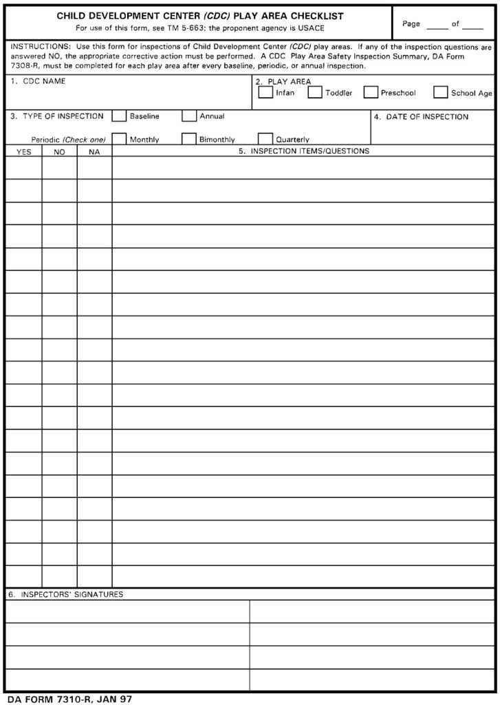 DA FORM 7310-R - Child Development (CDC) Play Area Checklist Form (LRA) - Page 1