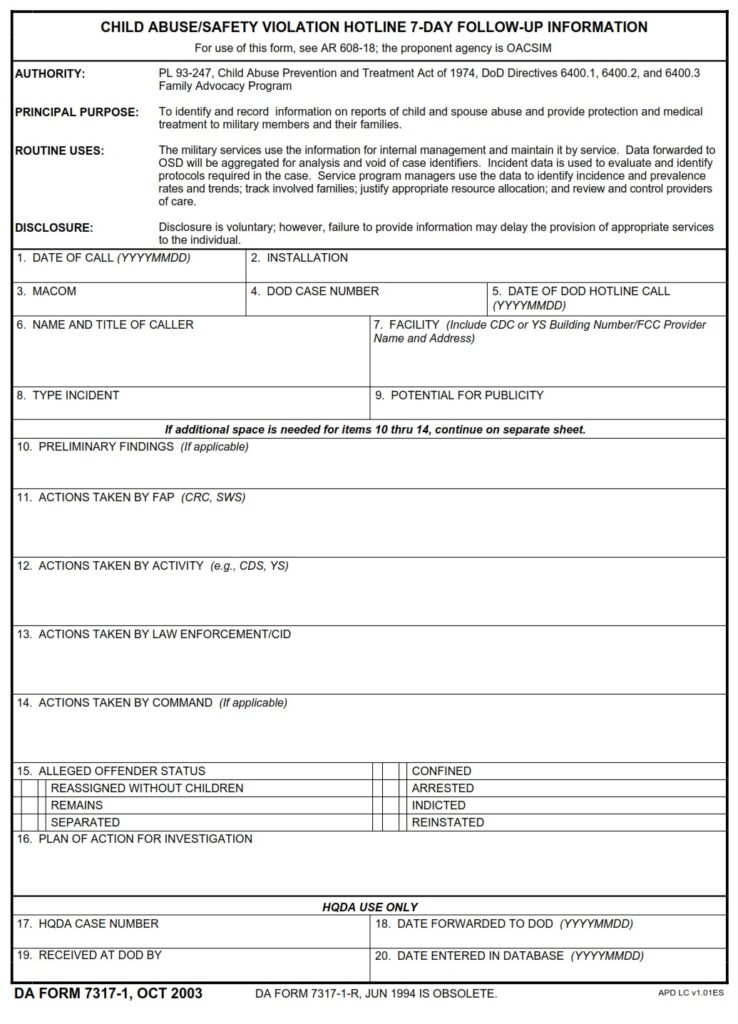 DA FORM 7317-1 - Child Abuse-Safety Violation Hotline 7-Day Follow-Up Information